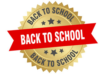back to school. back to school round red and gold label isolated on transparent background