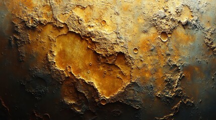 Textured surface with craters, showing depth and color variations from golden brown to dark grey