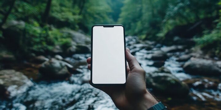 a hand holding a smartphone with a blank screen, with a serene river and lush green forest in the background