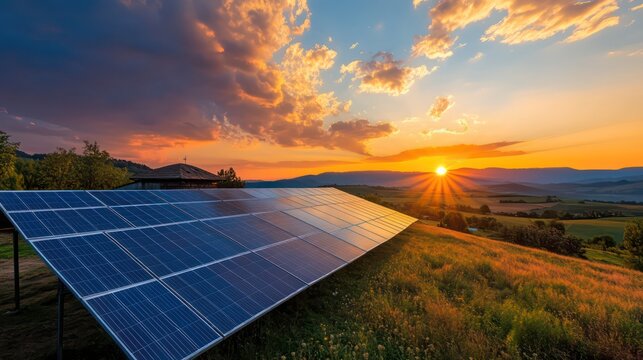 a solar panel installed on the side of a mountain, a background of sunset and cloudy sky. This image captures the essence of renewable energy.