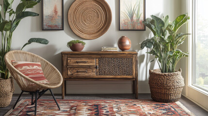 Modern console table with artistic decor elements, creating a balanced and aesthetically pleasing interior. Boho home decor. 