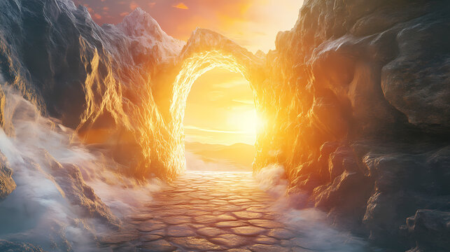 Ancient stone passageway leads to a mysterious, sunlit mountain. a sense of wonder and exploration. Sunlit Monolith. Illustration