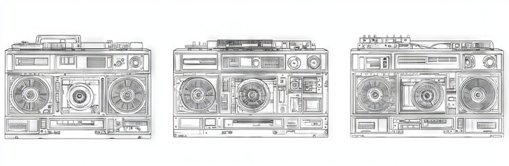 Hand-drawn modern illustrations of vintage boomboxes that highlight the retro music culture of the 80s and 90s