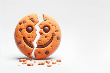 Obraz premium A cookie in the shape of a smiley face broken in half. Space for text.