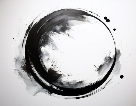 Abstract ink painting of Japanese Enso Zen circle, textured brushstrokes and subtle ink splatters