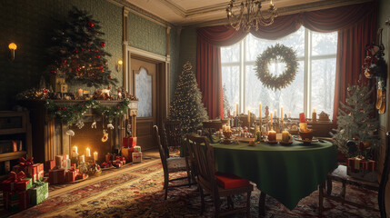 Aesthetic composition of warm dining room interior with table, green tablecloth, christmas tree, wreath, candle, wooden console, glass, gifts and personal accessories. Home decor. Template.