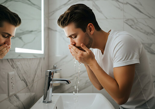 Un joven que comienza a lavarse la cara en el lavabo del ba&ntilde;o.