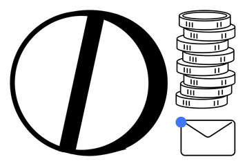 Large prohibition circle overlapping stacked coins, representing restrictions on finance or payments, next to an envelope notification. Ideal for finance, regulation, communication, cryptocurrency