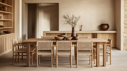 Elegant dining area with woven rattan chairs, a wooden table, and a neutral color palette. A fusion of classic and contemporary design.