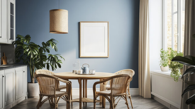 Interior design of warm dinning room interior with mock up poster frame, round table, rattan chairs, beige sideboard, stylish lamp, blue wall and personal kitchen accessories. Home decor. Template.