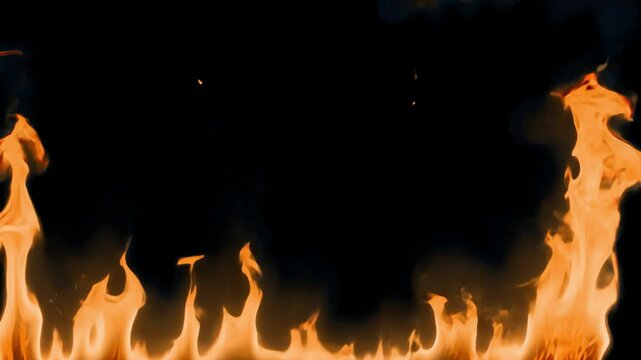Orange flames rising against a dark background, creating a fiery scene animated overlay, transparent 4K video, alpha channel, ProRes 4444
