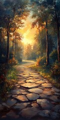 Naklejka premium Serene sunset illuminates a winding stone path through a lush forest, casting warm golden light on ancient stones.