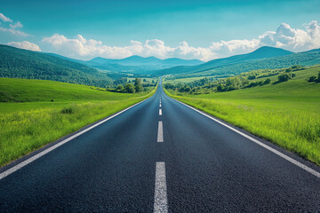 Fototapeta premium A straight asphalt road with white markings leading to the horizon in summer. Green meadows and hills stretch along the sides of the road.