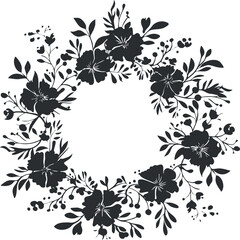 Black floral wreath with intricate flower and leaf design in a circular pattern.