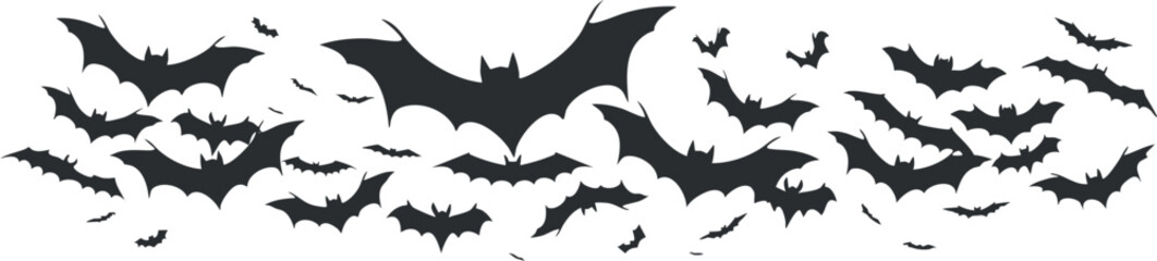 Naklejka premium Silhouettes of bats in flight, forming a spooky pattern ideal for Halloween designs.