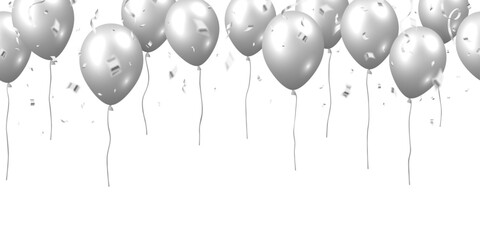 Beautiful celebration party seamless vector with silver falling confetti and flying balloons on white background.