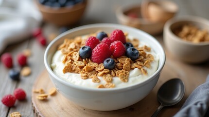 Refreshing breakfast yogurt with berries and granola on wooden table