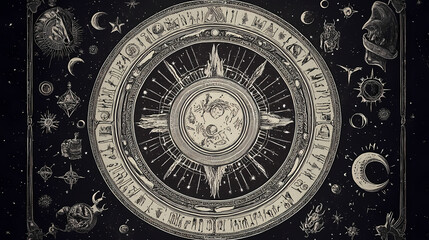 Naklejka premium Celestial zodiac engraving with ancient symbols. Cosmic Etching. Illustration