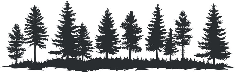 Silhouette of evergreen pine trees forming a serene forest landscape on a white background.