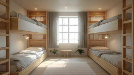 Modern Bedroom with Bunk Beds: Wooden Furniture & Cozy Space for Minimalist Home Decor