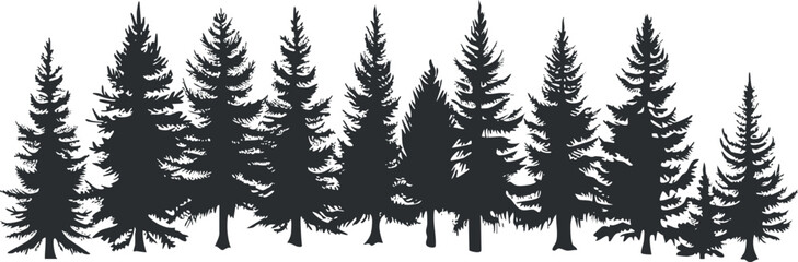 Obraz premium Silhouette of evergreen trees in a forest, showcasing a natural and tranquil landscape.