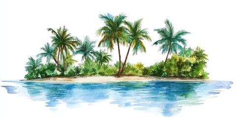 Fototapeta premium watercolor illustration of a tropical island paradise, palm trees, sand and clear blue water. The island is surrounded by a reflective pool of water