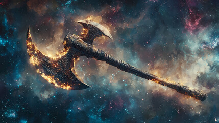 Mystical battle axe floating amid cosmic nebula, adorned with glowing energy. Cosmic Etching. Illustration