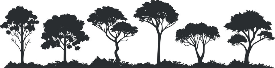 Silhouette of various tree shapes in a row, creating a natural and artistic pattern.