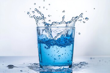 Glass of water splashing fresh drink liquid refreshment hydration beverage pure clean transparent cool