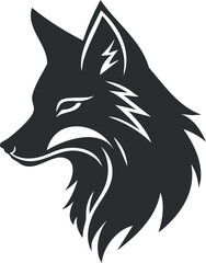 Stylized black and white silhouette of a wolf head, emphasizing sharp lines and fierce expression.