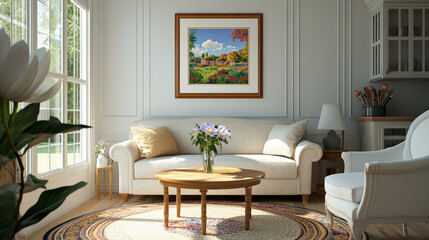 Creative composition of living room interior with mock up poster frame, boucle sofa, wooden coffee table, round carpet, white armchair, magnolia and personal accessories. Home decor. Template.