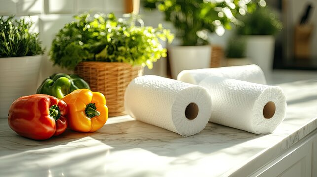 Rolls of paper towels and fresh vegetables placed on a white marble kitchen table. The clean, minimalist setting conveys a sense of freshness and efficiency in the kitchen.