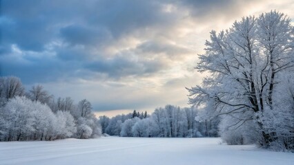 Obraz premium Snow-covered trees and frozen landscape under a cloudy winter sky