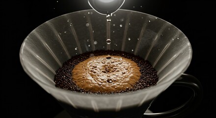 Close up of water dripping into a pour over coffee maker with coffee grounds on a black background