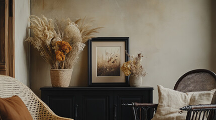 Exquisite and modern composition of living room interior with black shelf, mock up poster frame, dried flowers in vase, decoration and elegant accessories. Minimalist home decor. Template. 