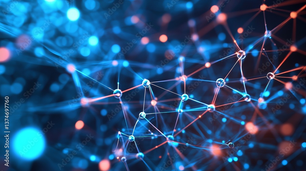 Wall mural abstract network with blue and red nodes connected by lines forming a complex interconnected system