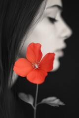 Fototapeta premium A gorgeous profile of a woman gracefully posing with a vibrant flower accentuating her serene beauty.