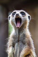 Fototapeta premium A close-up of a meerkat expressing surprise or excitement with its mouth wide open.