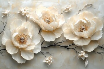 Luxurious beige peonies blooming on decorative branches with pearls