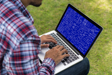 Mathematic equations and modish formula on computer screen showing concept of science and education