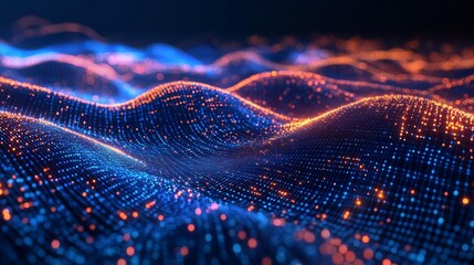 Abstract digital landscape with blue and orange dots forming a wavy surface illustration