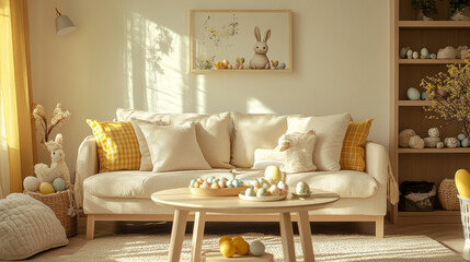 Spring composition of living room interior with round coffee table, beige sofa, easter bunny sculpture, colorful easter eggs,  yellow plaid, meringues and personal accessories. Home decor. Template.