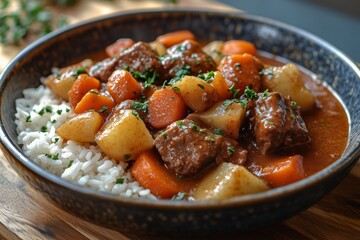 Delicious classic beef stew with carrots and potatoes served with rice