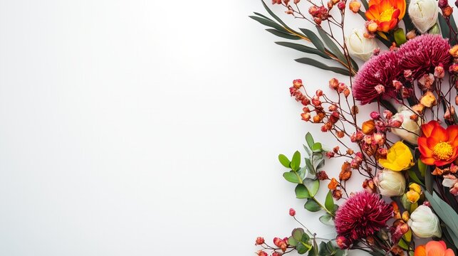 Australian native flowers creating vibrant springtime border on white background