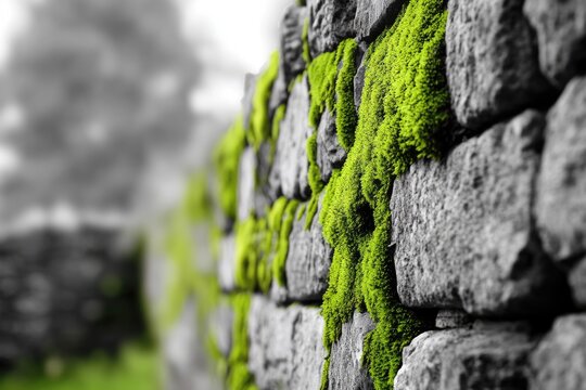 Lush green moss thrives on a gray stone wall, a vibrant contrast against a blurred monochrome background.