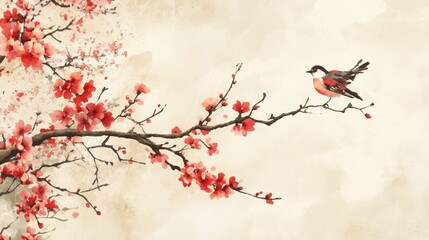 Small bird perched on blossoming cherry tree branch in chinese style painting