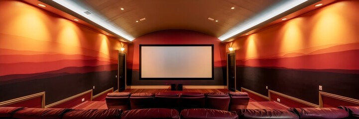Fototapeta premium Home theater room with sunset-inspired color scheme and warm lighting