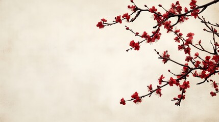 Red plum blossoms blooming on textured beige background celebrating Chinese New Year