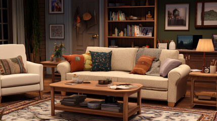 Stylish composition of warm and cozy living room interior with mock up poster frame, modular sofa, wooden coffee table, white armchair, patterned rug and personal accessories. Home decor. Template.