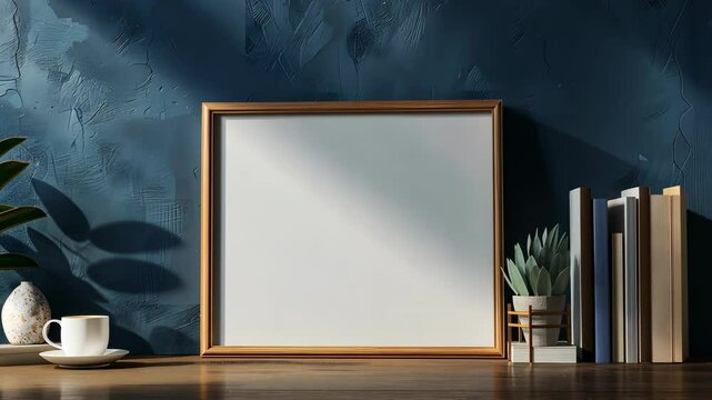 Minimalist interior with blank frame and decor on wooden shelf, green screen